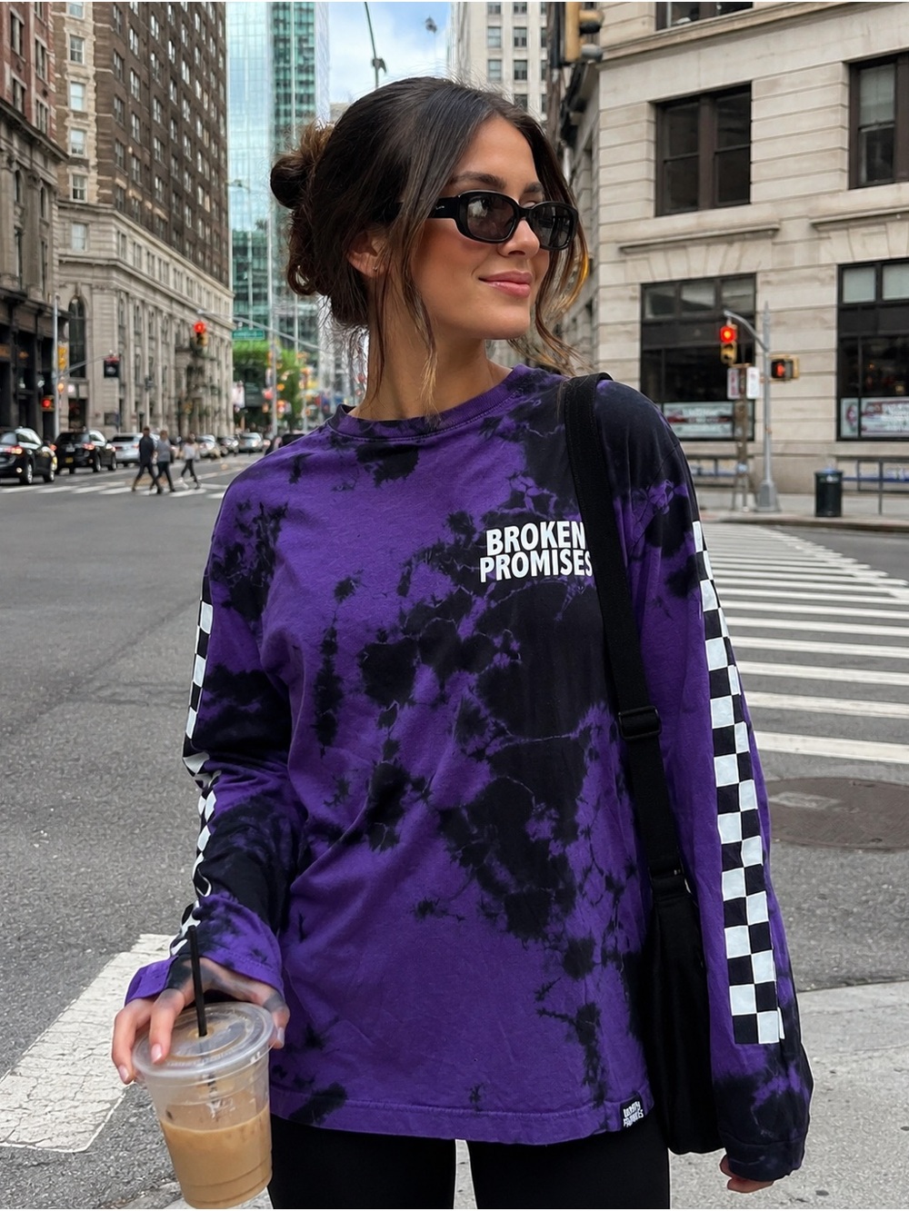Broken Promises Purple Tie-Dye Long Sleeve Tee with Checkerboard Sleeves